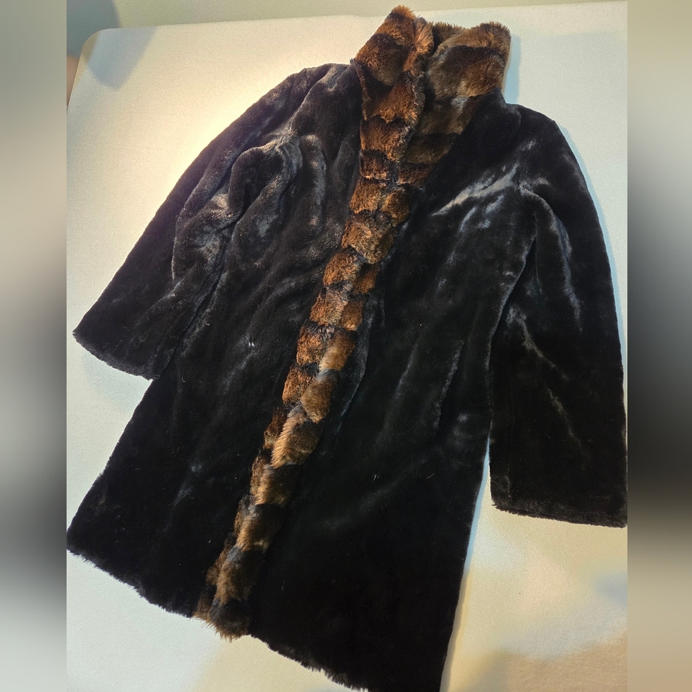 L Faux Fur 3/4 length Coat Black With Brown Trim Alpine Studio